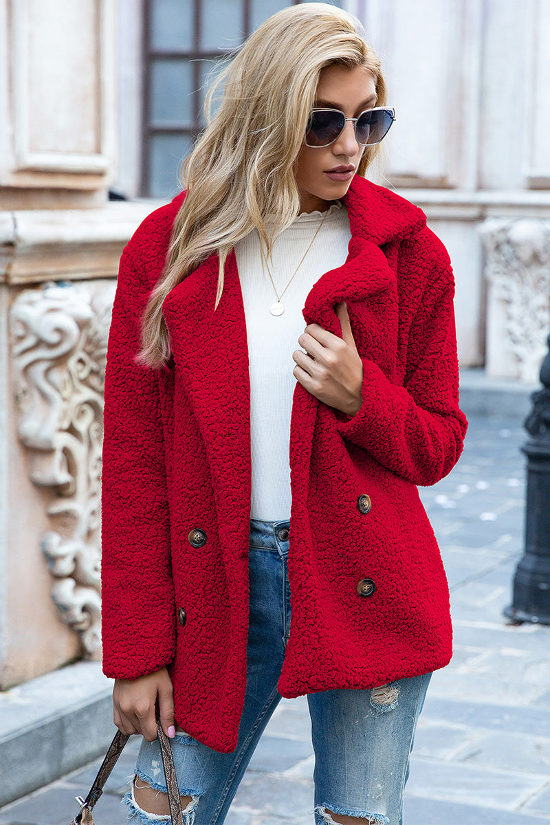 Sherpa coat with lapel collar, double-breasted buttons, deep red textured fleece.