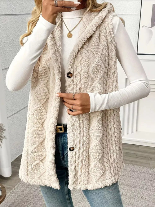 Apricot plush hooded vest coat with button front, textured finish and open front