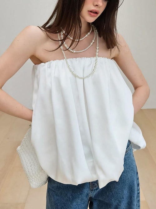 White strapless tube top with gathered bust and flared bubble hem