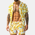 Men's button-up shirt and shorts set, yellow with rose print