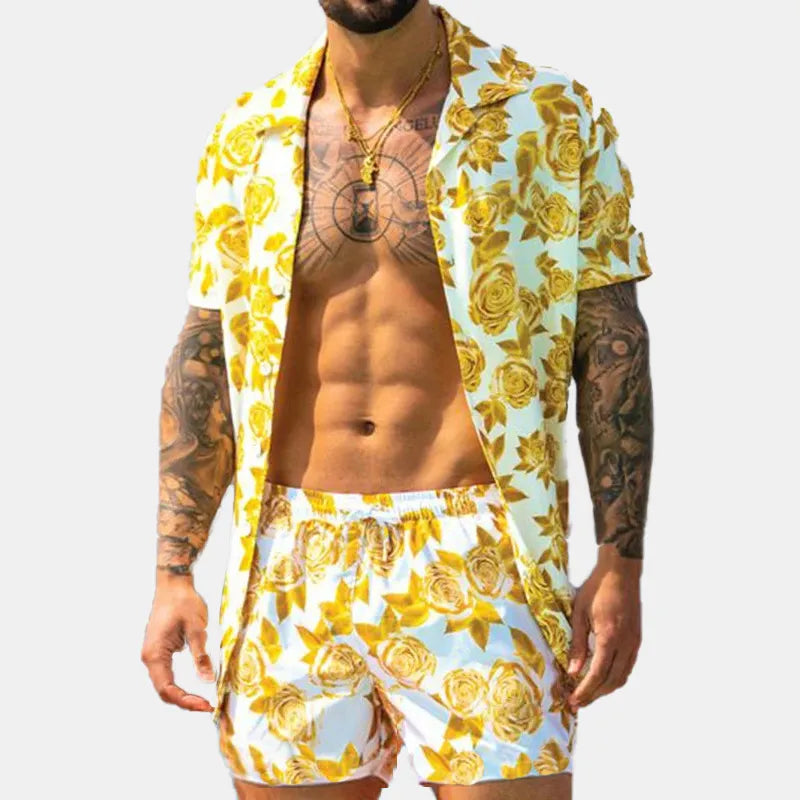 Men's button-up shirt and shorts set, yellow with rose print