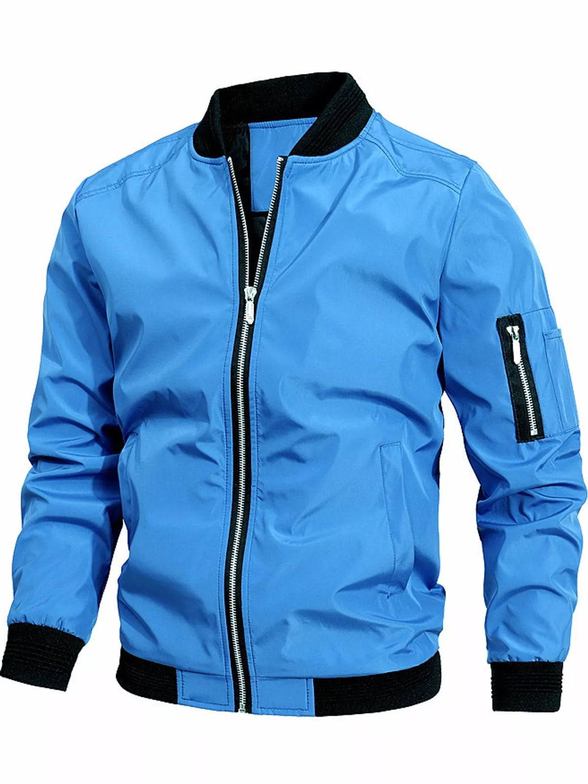 Men's lightweight bomber jacket, light blue front with full zipper and ribbed cuffs