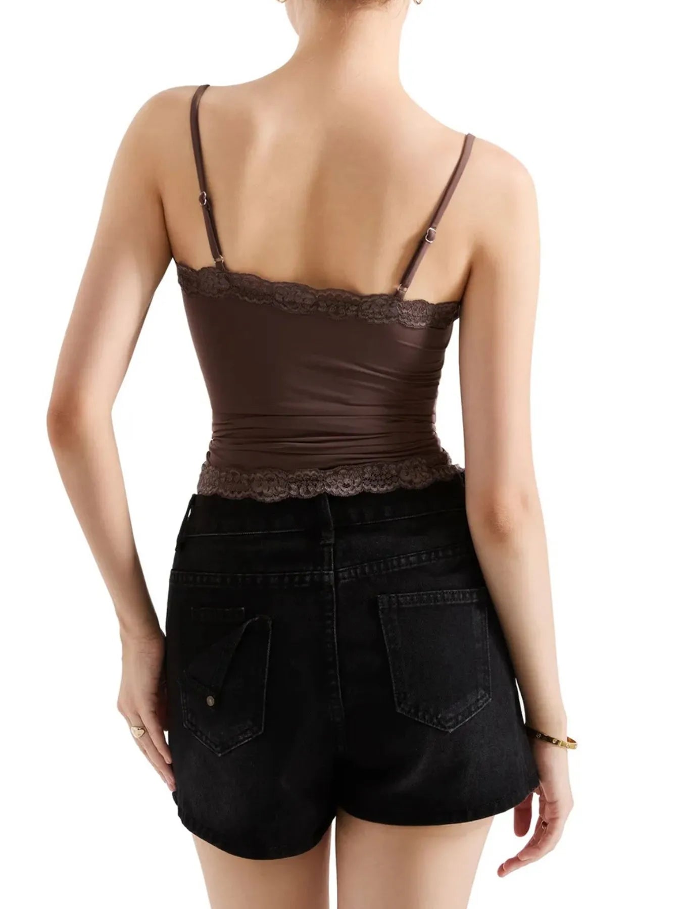 Pink lace-trim cami top with ruched front and thin straps