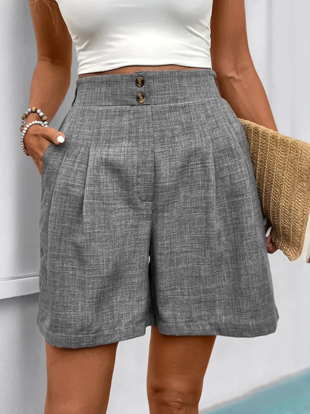 Gray frill shorts with pockets, pleated front and button waist