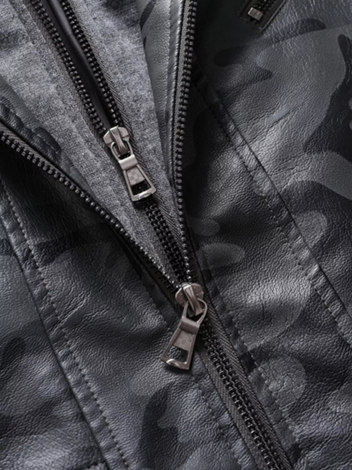 Camouflage hooded vegan leather jacket close-up of front zippers and stitching