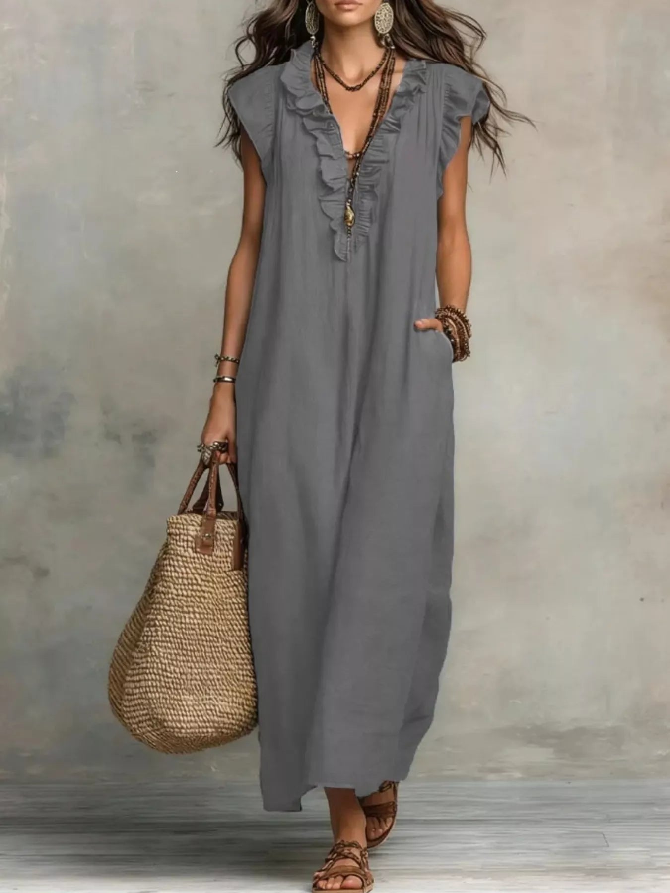 Gray ruffled V-neck maxi dress with short flutter sleeves and embroidered front