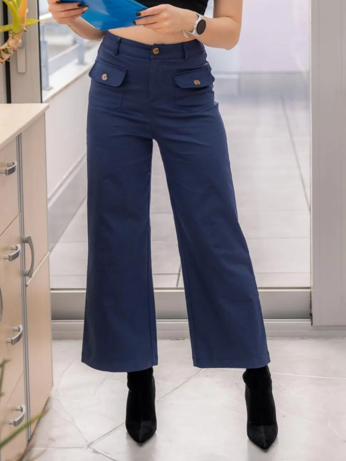 High waist wide leg pants in dark blue with front button and flap front pockets