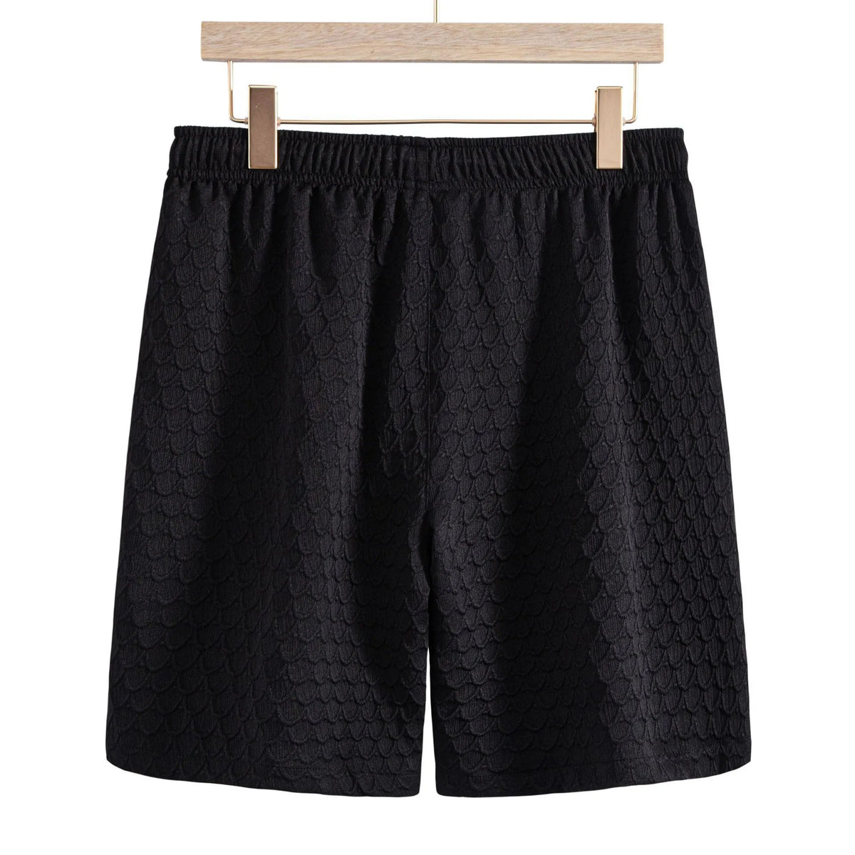 Men's black lightweight drawstring shorts, textured scale print, elastic waist
