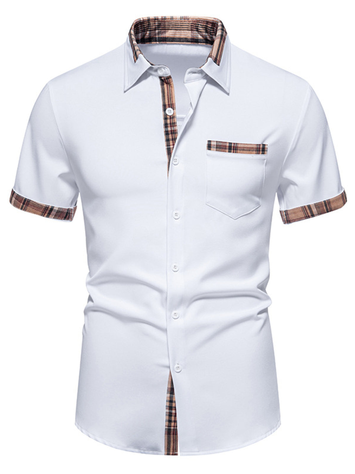 White short-sleeve button-up shirt with plaid collar, chest pocket and inner placket