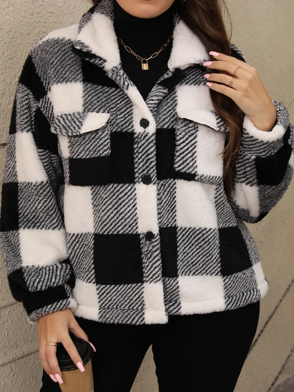 Black-and-white plaid jacket, sherpa collar, button front, long sleeves