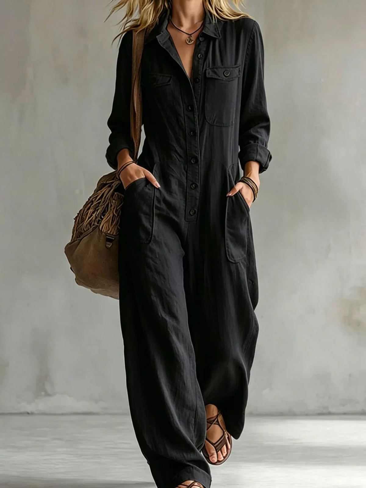 Black long-sleeve button-front jumpsuit with pointed collar and chest patch pockets
