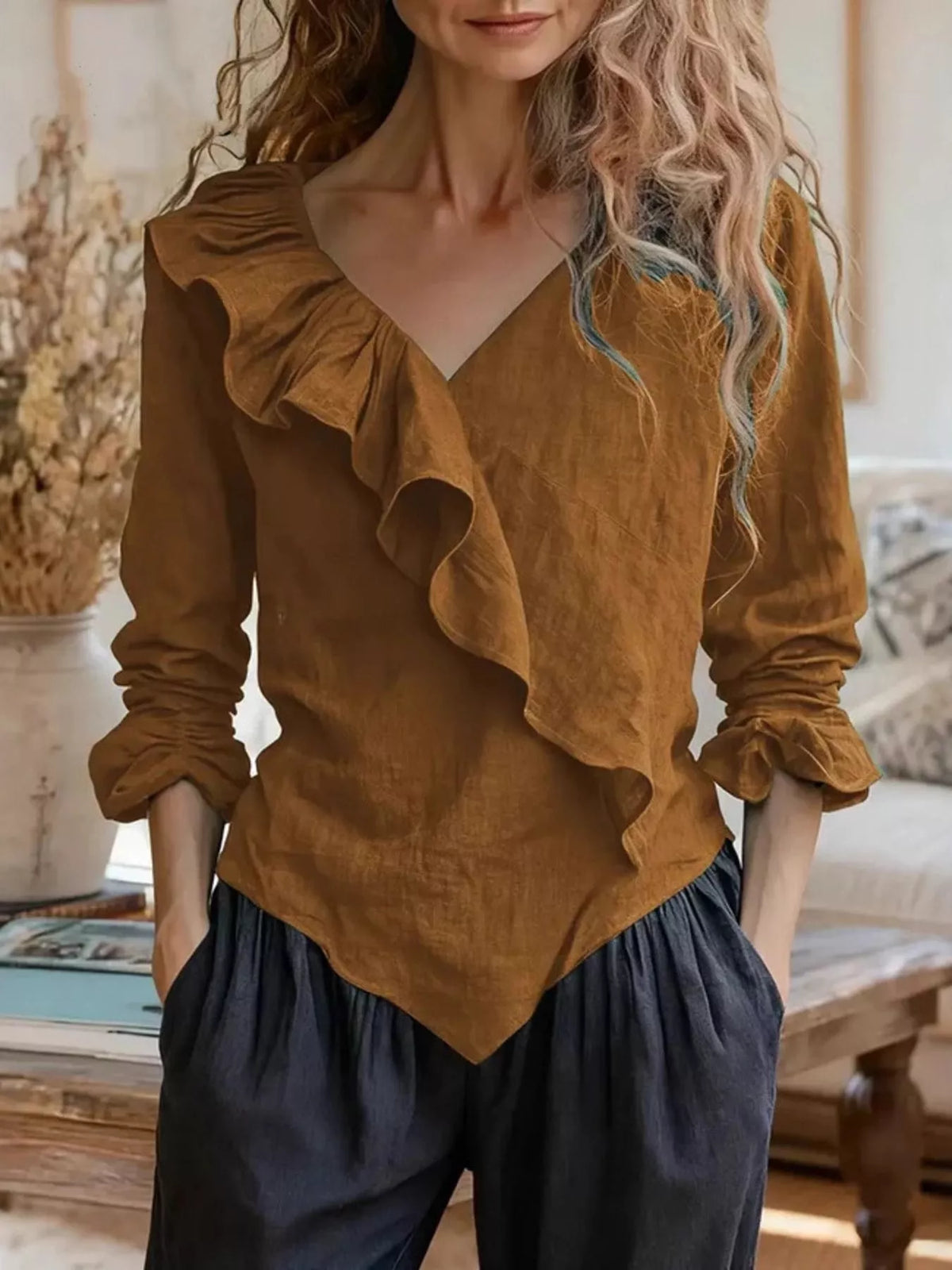 Ruffled V-neck long-sleeve blouse in caramel brown, layered ruffle front and cuffed sleeves