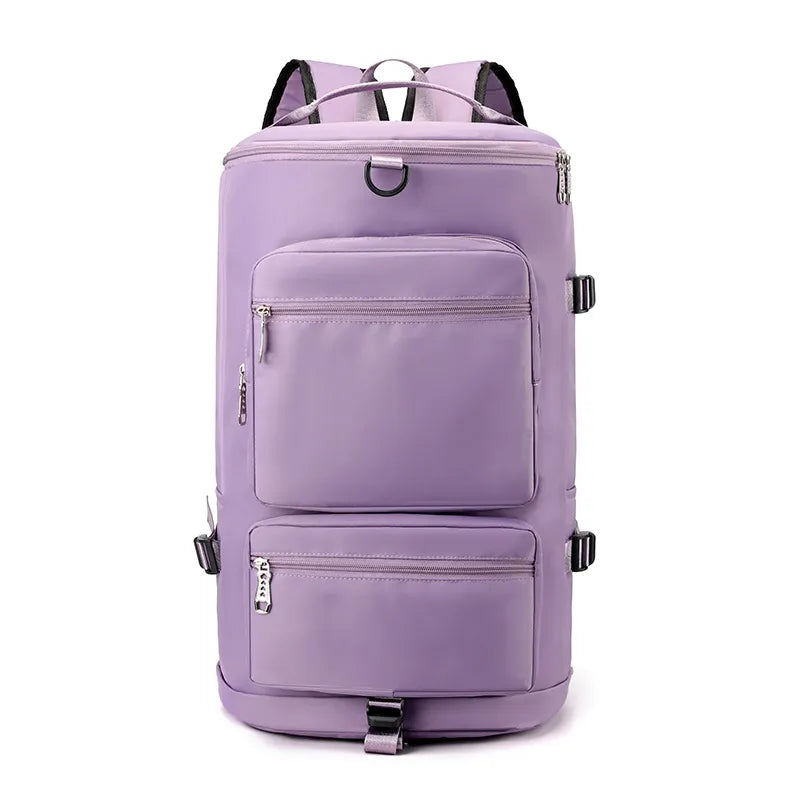 Large travel backpack with two front zip pockets and top handle, lilac purple