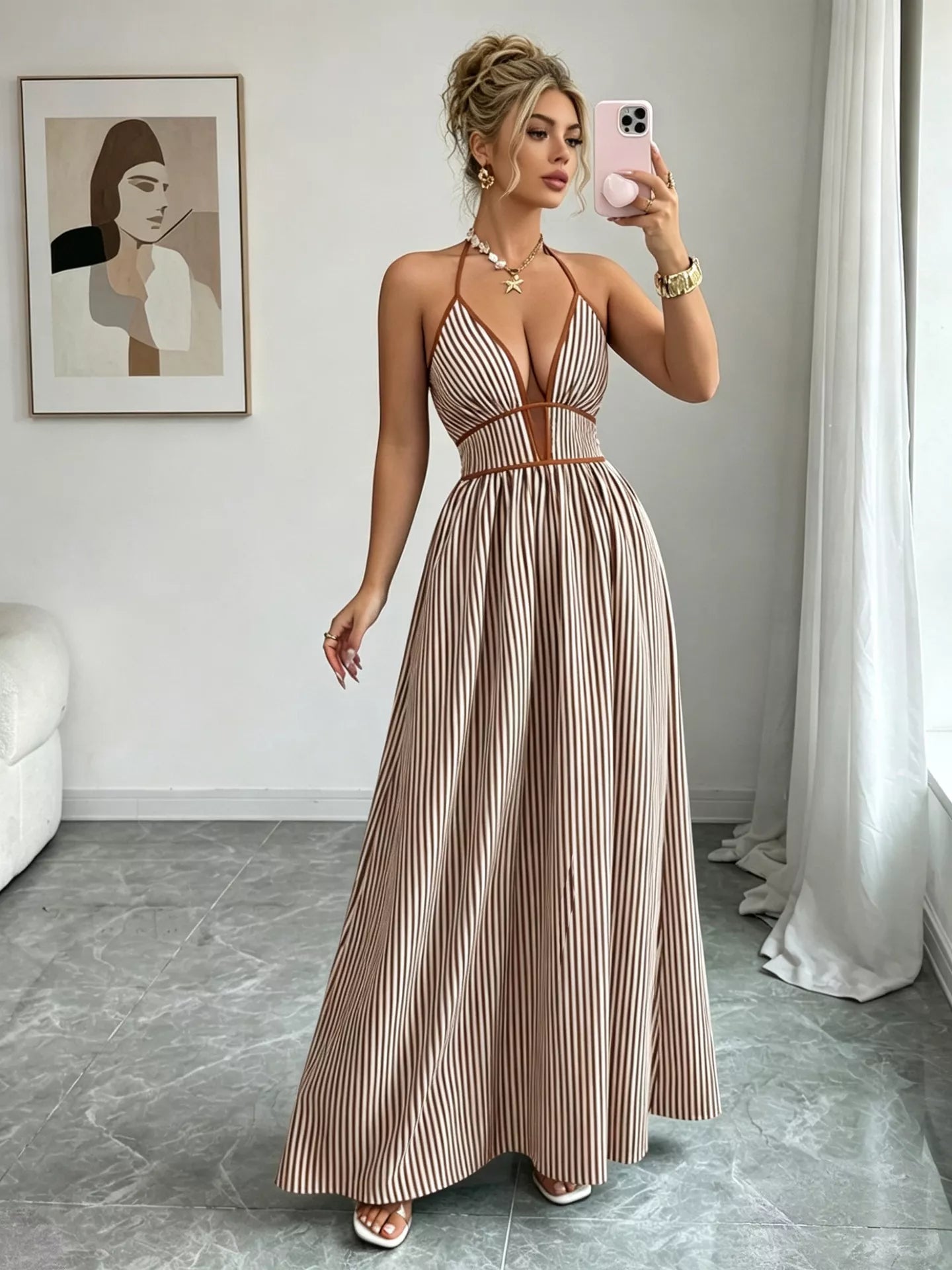 Khaki striped halter neck maxi dress with V-neck bodice and gathered skirt