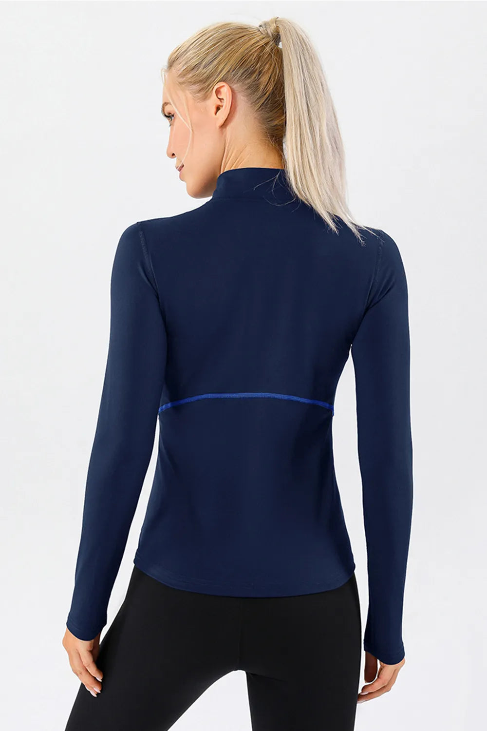 Mock neck active t-shirt in dark blue, long sleeves, back view