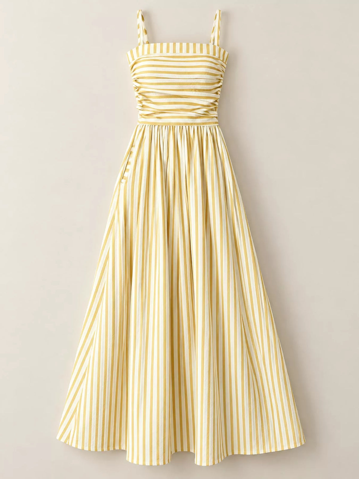 Ruched striped spaghetti-strap maxi dress, yellow-and-white stripes, gathered waist