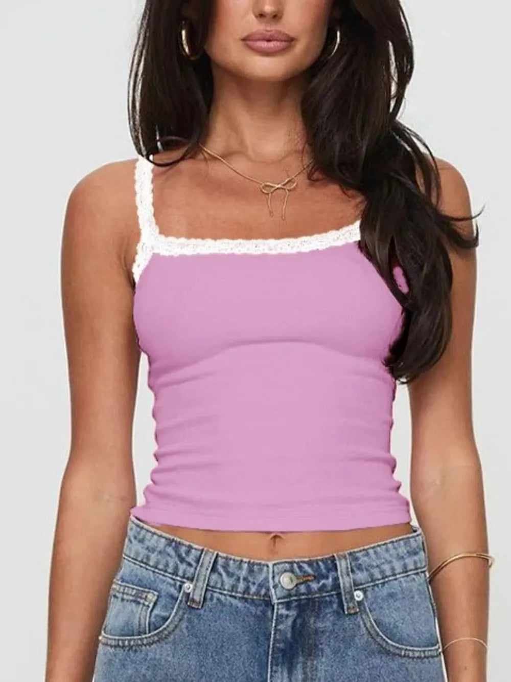 Purple cropped cami close-up with white lace neckline trim