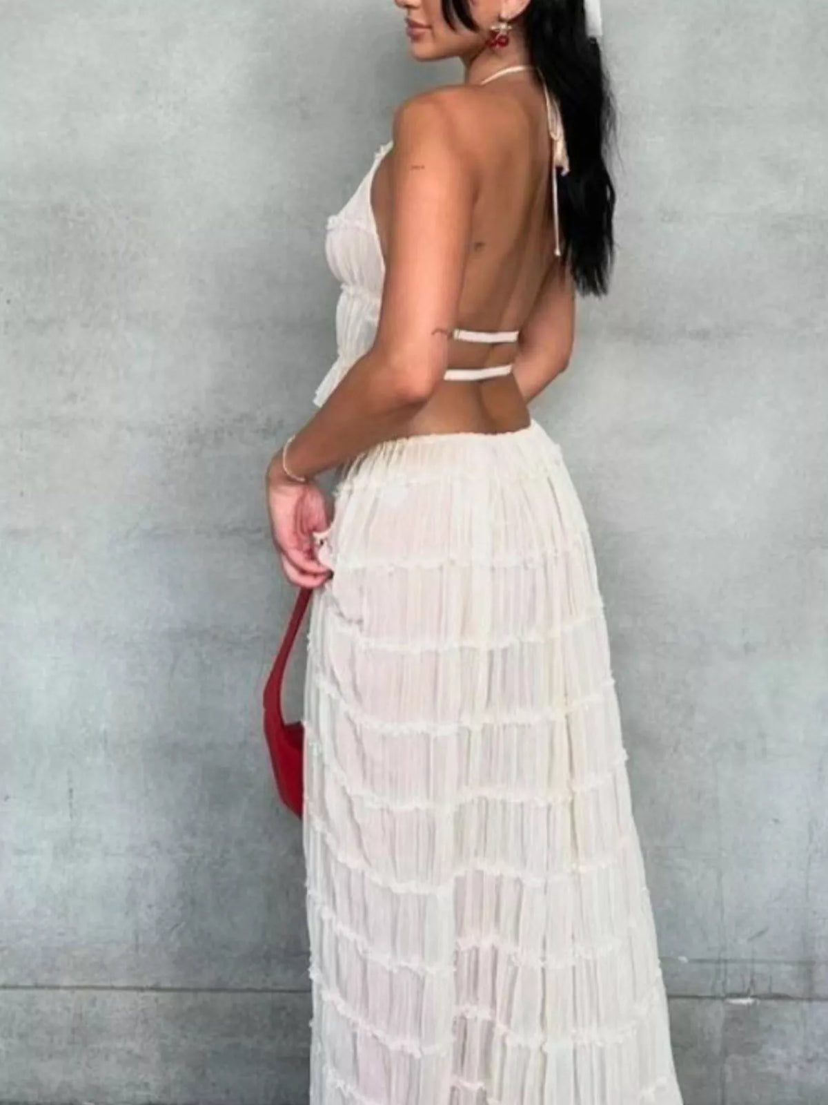Milky white tiered ruffle halter crop top and maxi skirt set, open back