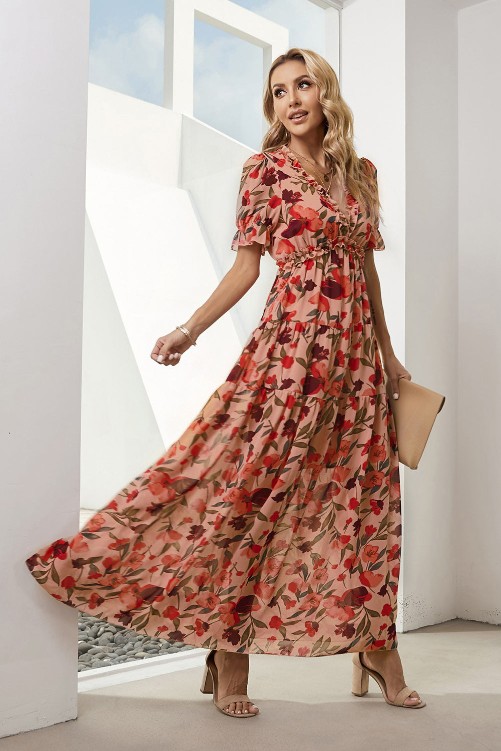 Floral V-neck short flounce sleeve midi dress, gathered tiers, deep red floral print.