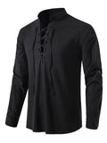 Men's lace-up long sleeve blouse in black, stand collar with eyelet lace-up front
