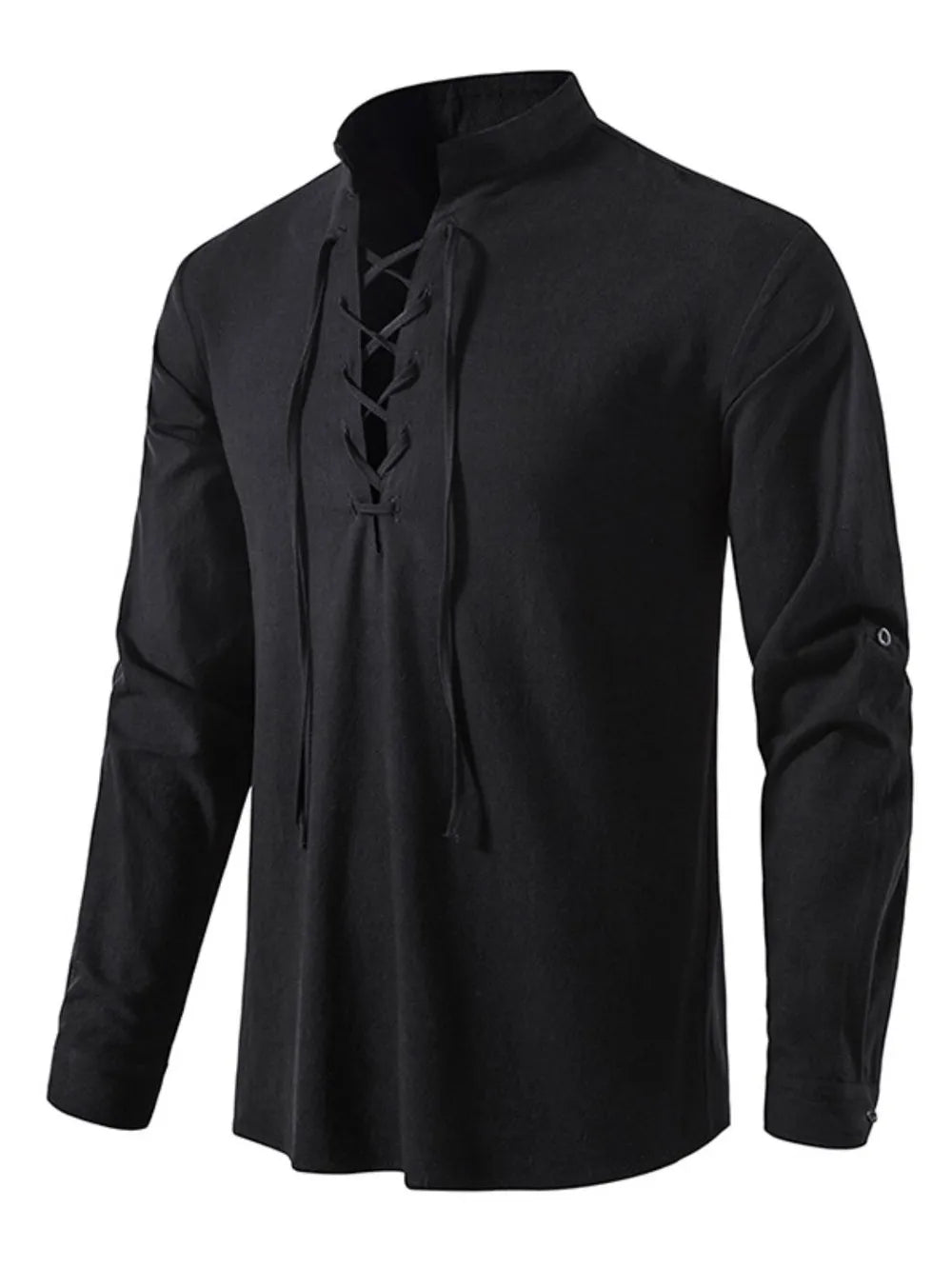 Men's lace-up long sleeve blouse in black, stand collar with eyelet lace-up front