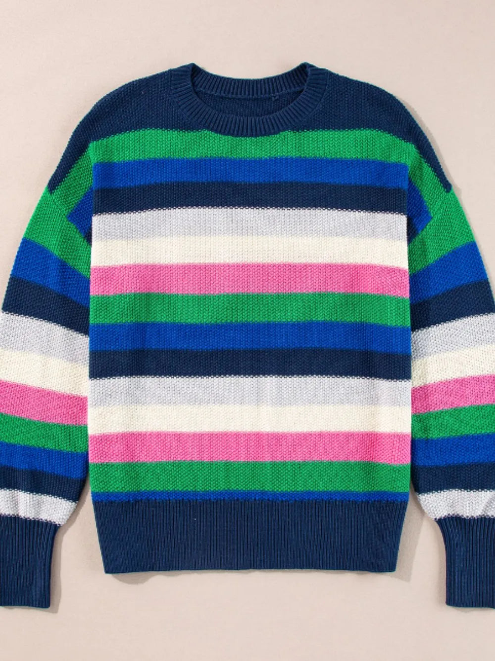 Round-neck pullover sweater with multicolor horizontal stripes in navy, green, blue, white