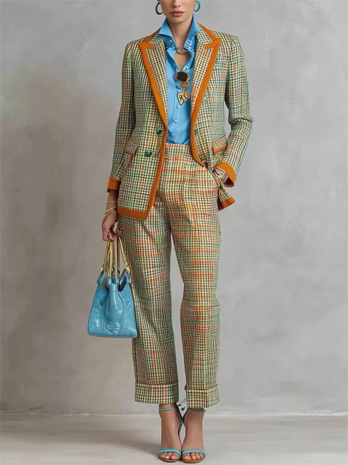 Plaid blazer and pants suit set with multicolor check pattern and orange-trim jacket