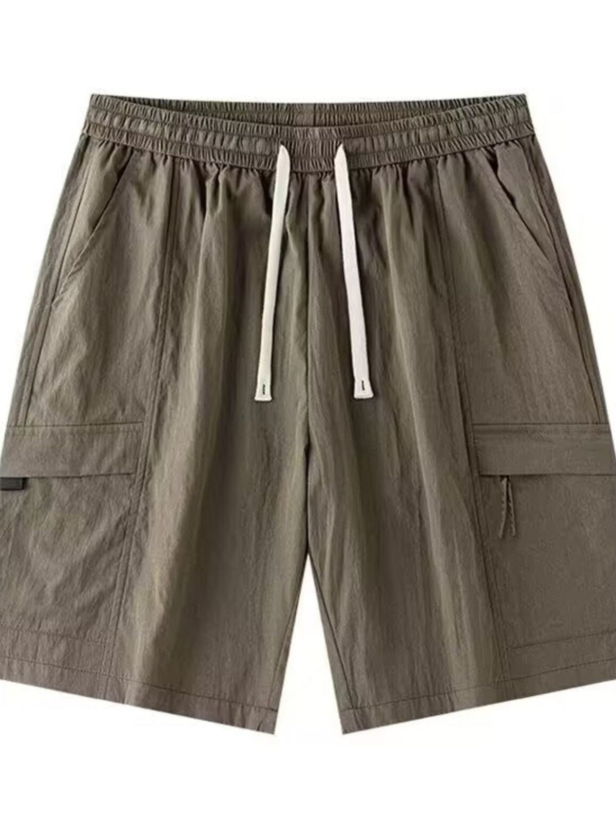 Olive lightweight drawstring cargo shorts with elastic waistband and side cargo pockets