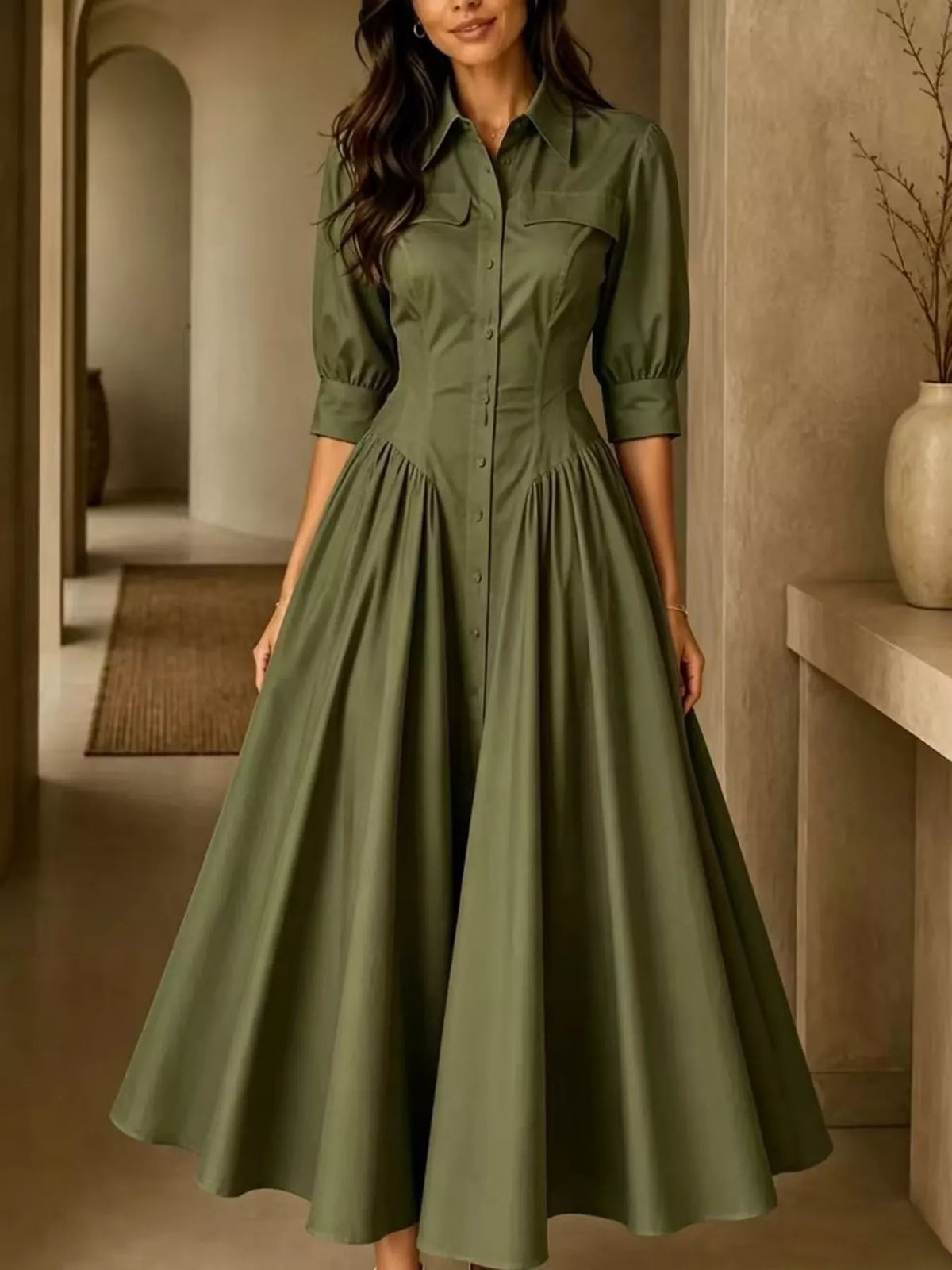 Army green button-down shirt dress with cinched waist and full flared skirt
