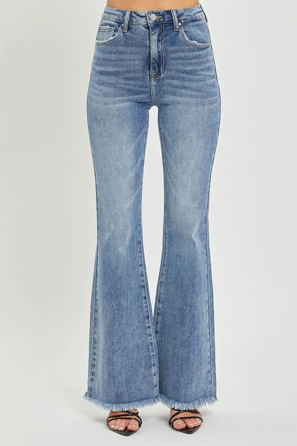 High-waist flare jeans, medium blue wash, raw hem, button fly, visible belt loops