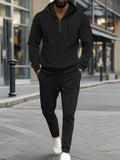 Men's waffle-knit half-zip hoodie and pants set, black