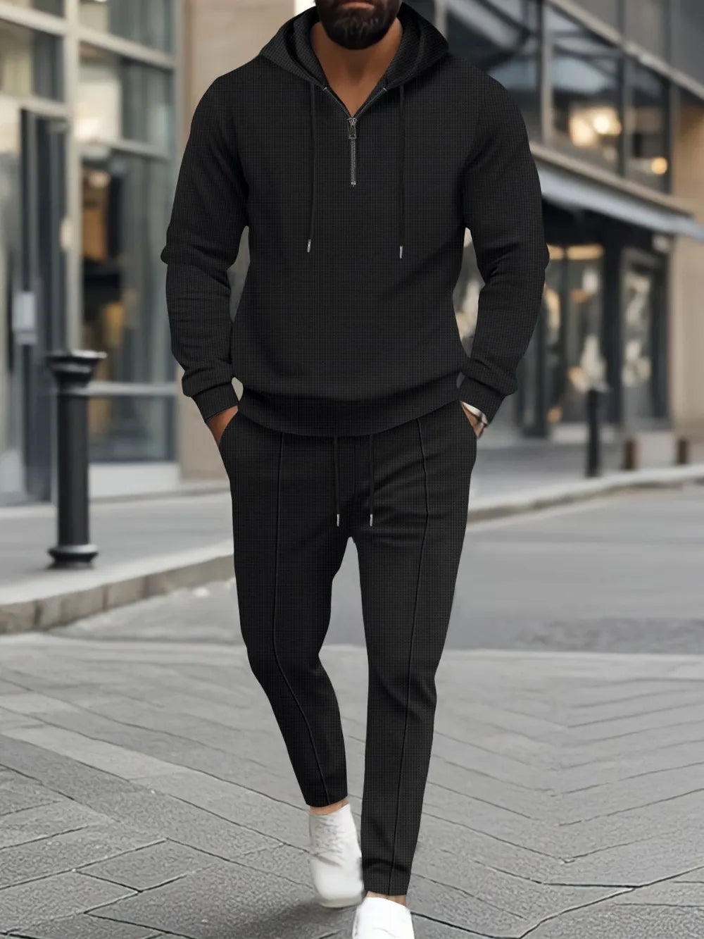 Men's waffle-knit half-zip hoodie and pants set, black
