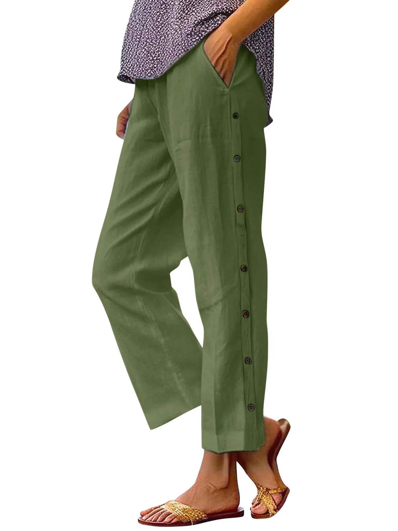 Olive green wide-leg pants with side buttons and a loose straight-leg shape