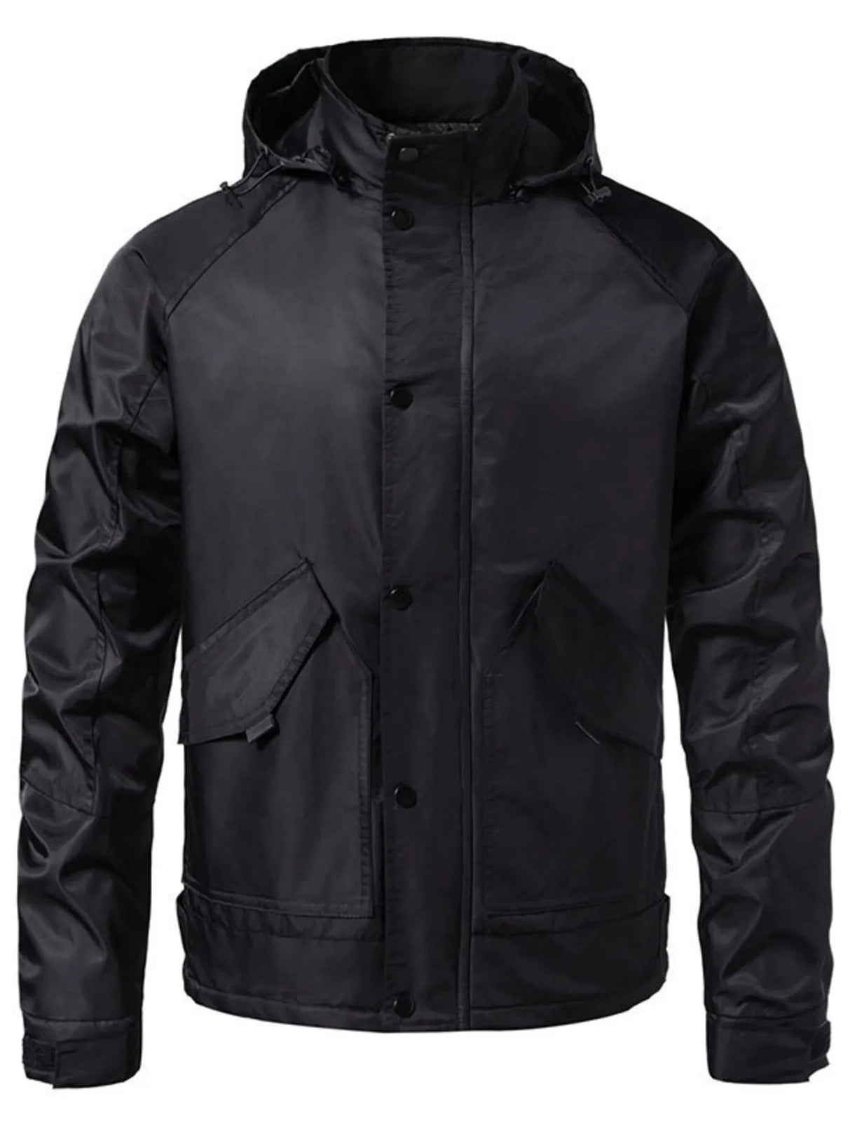 Men's black hooded waterproof tactical jacket, front view with chest pocket