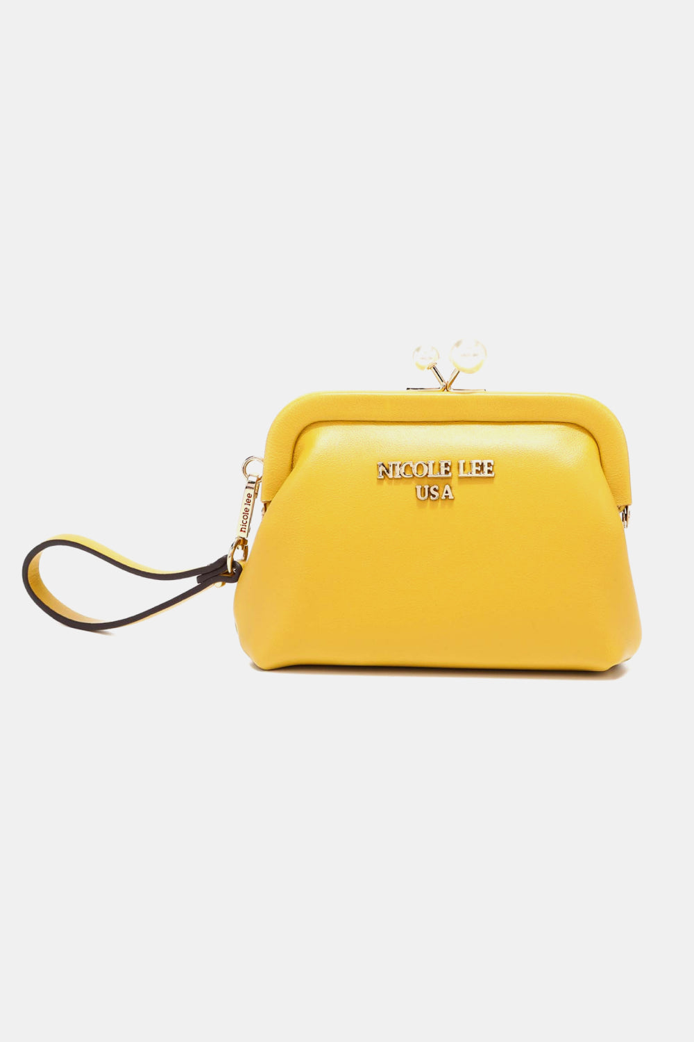Nicole Lee USA Elise pearl coin purse, mustard yellow with pearl clasp and wrist strap