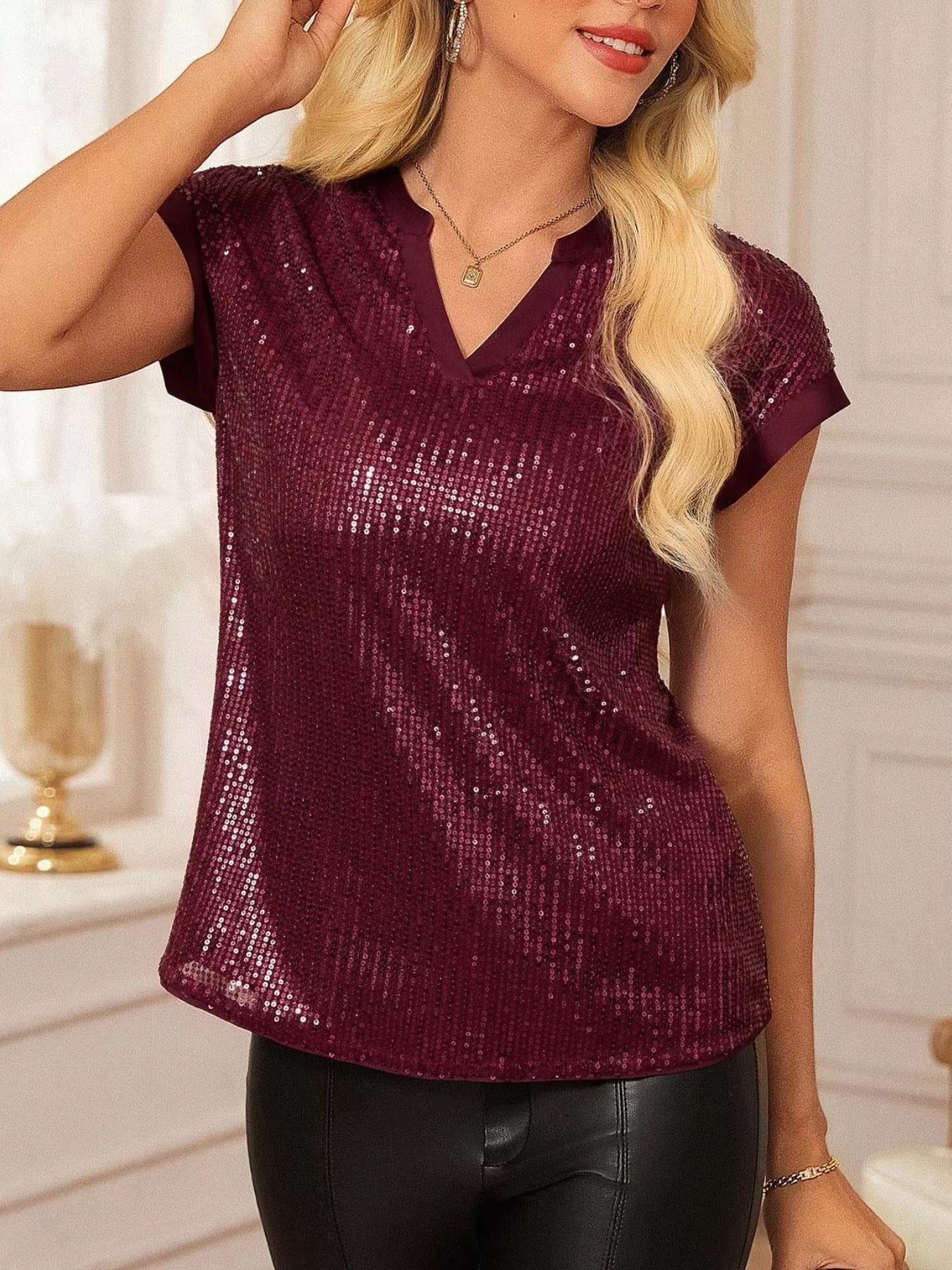 Sequin Notched Cap Sleeve Blouse in burgundy, shimmering top for evening wear