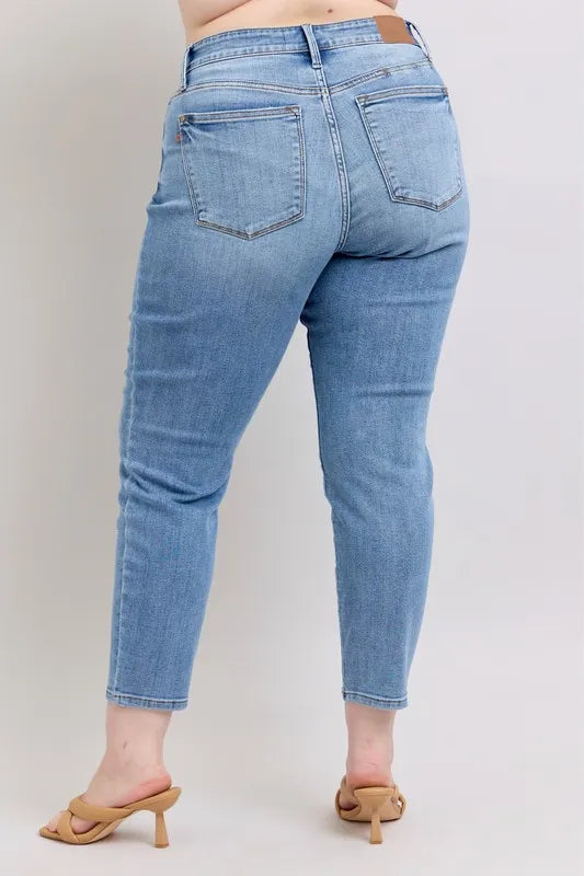 Plus size mid-rise slim jeans, light blue vintage wash, back view, tapered ankle