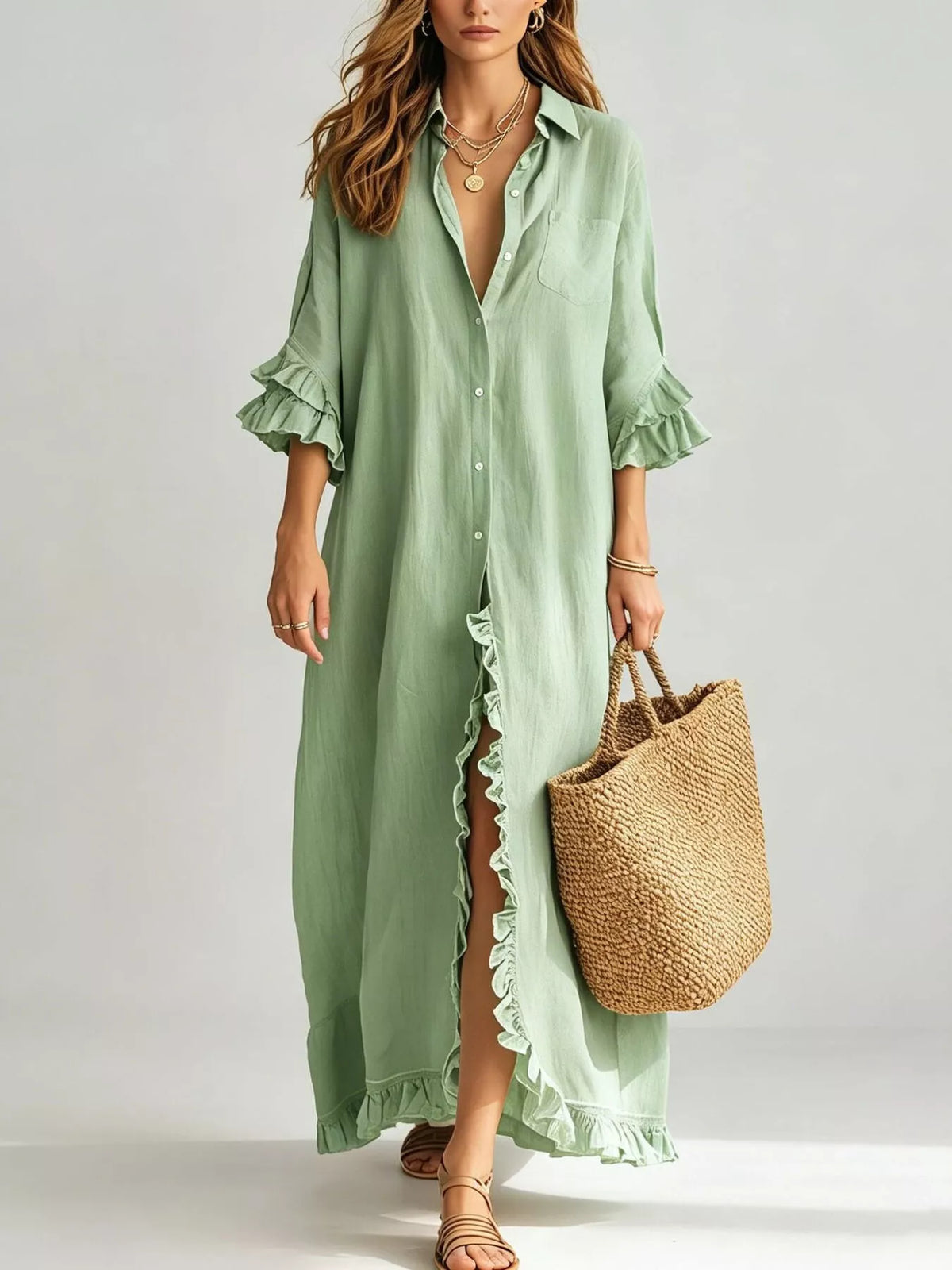 Light green ruffle-trim button front maxi shirt dress with ruffled cuffs