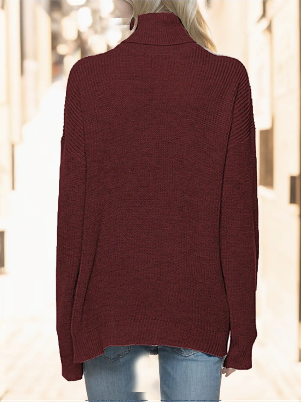 Burgundy turtleneck long-sleeve sweater with drop shoulders, back view