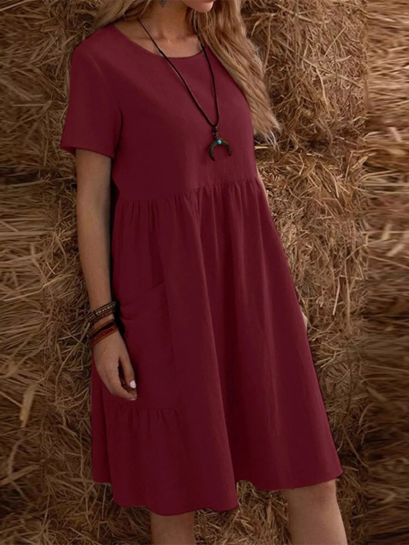 Cedar & Moore Full-Size Casual Loose-Fit Tiered Ruffle Hem Dress Plus Size in burgundy, Trendsi