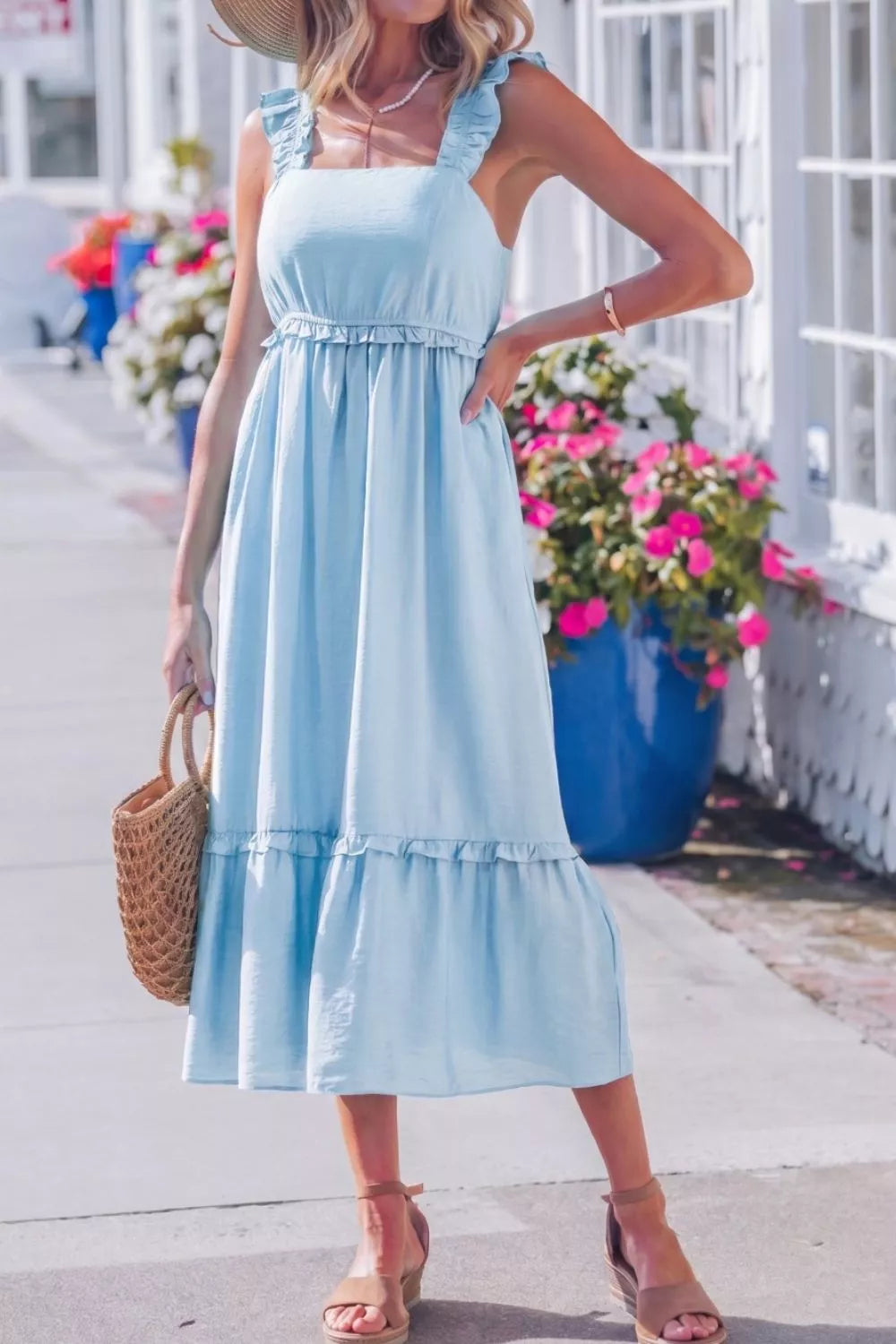 Cedar & Moore Solid light-blue ruffle-trim high-waist sleeveless dress with ruffled straps, perfect for summer