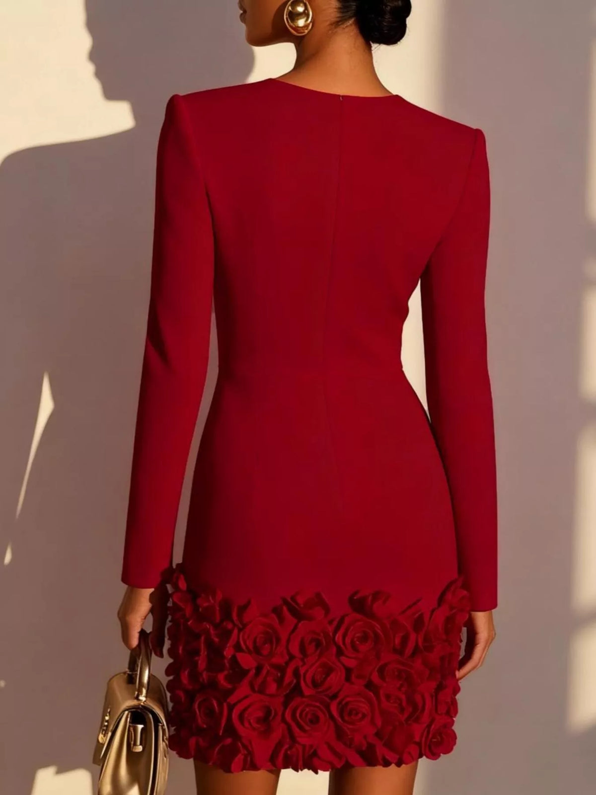 Burgundy V-neck long-sleeve mini dress with 3D rose floral hem, back