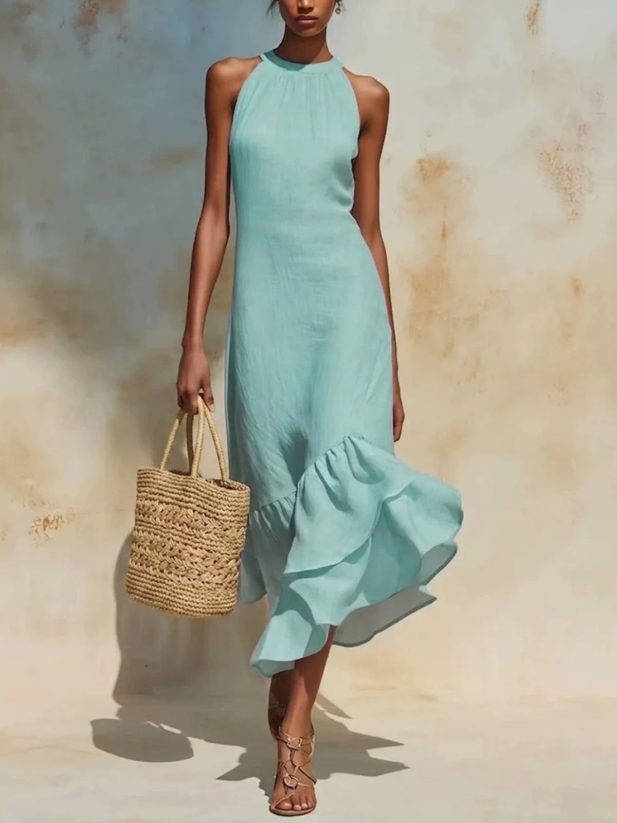 Light blue sleeveless midi dress with high neckline and layered ruffle hem