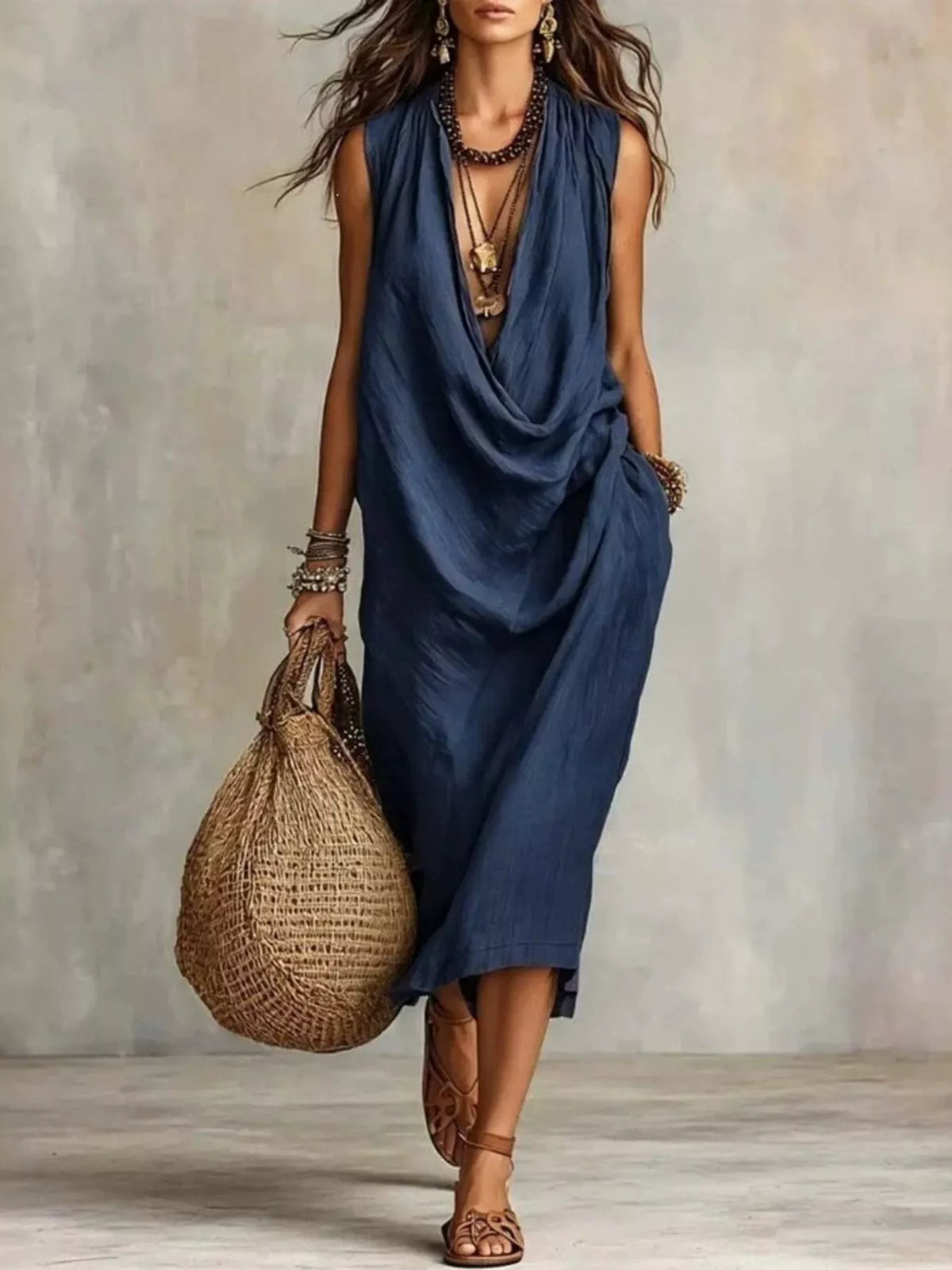 Navy cowl-neck sleeveless midi dress with draped, gathered front