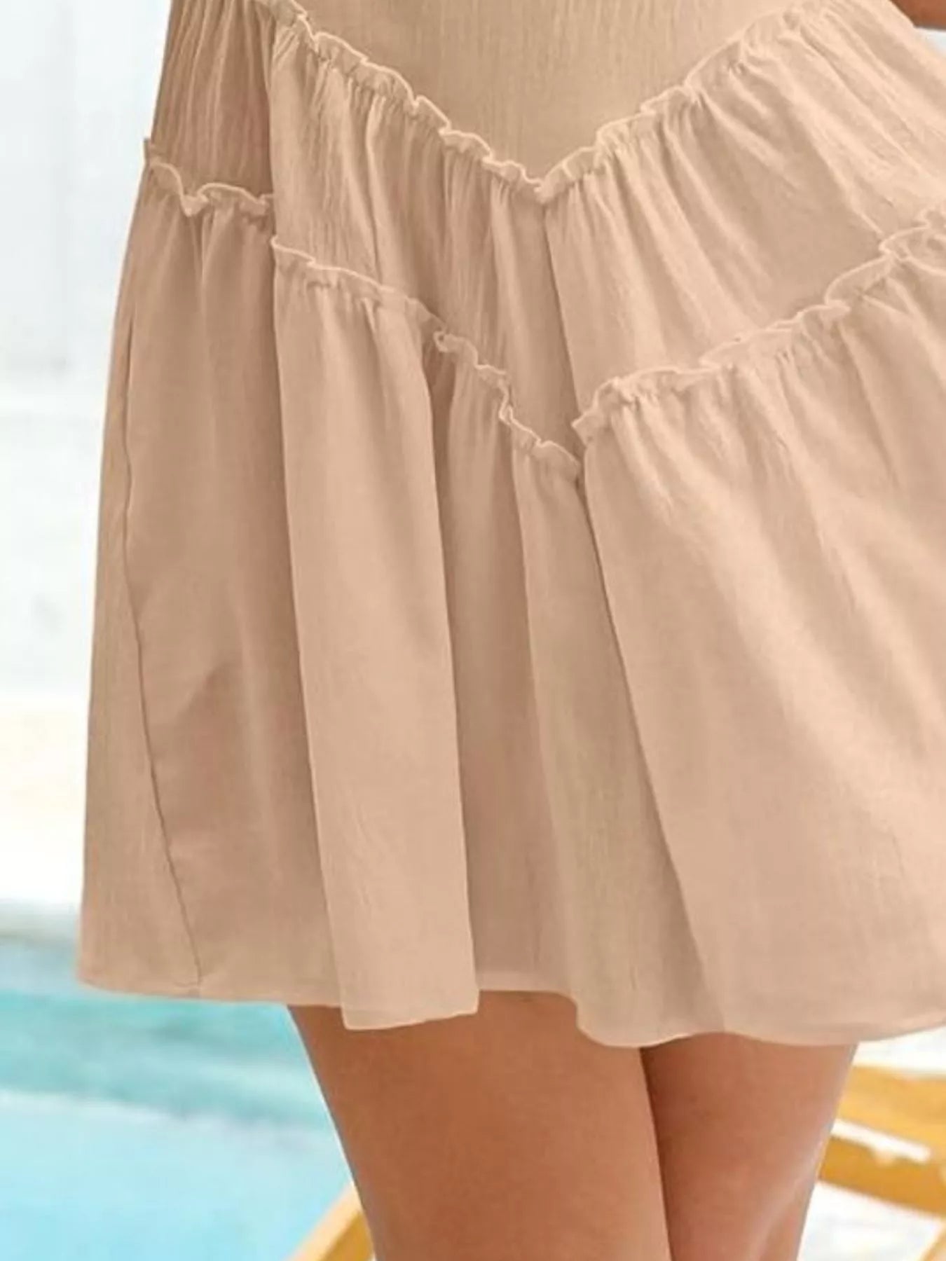 Round Neck Sleeveless Mini Dress in beige with pockets and frill by Trendsi