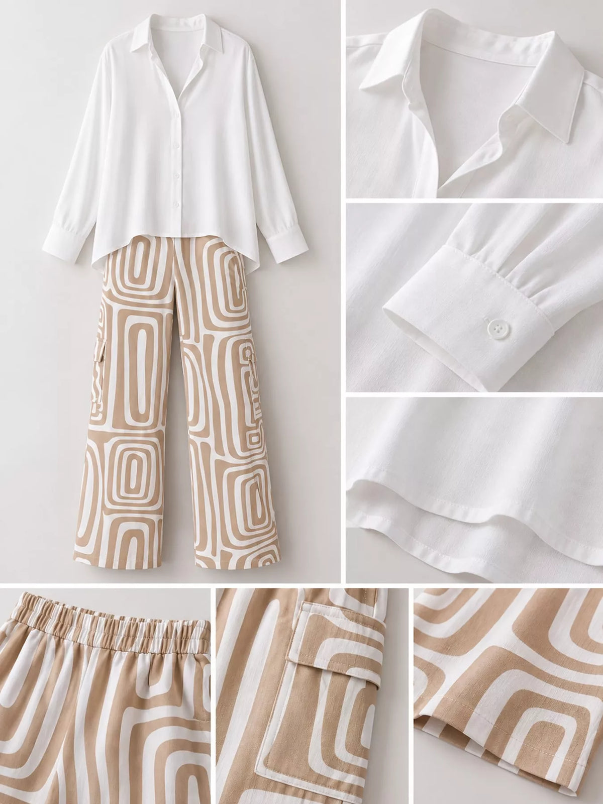 Button-down shirt and geometric pants set details: collar, buttons, elastic waist, cuffs.