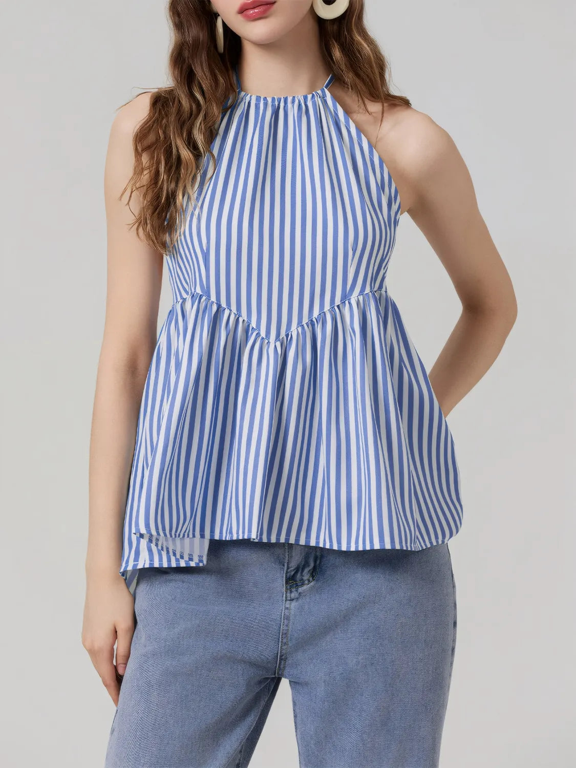 Light blue striped halter neck cami with gathered ruffle waist and tiered hem