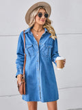 Dusty blue denim mini dress, dropped shoulders, button front, chest pockets, long sleeves