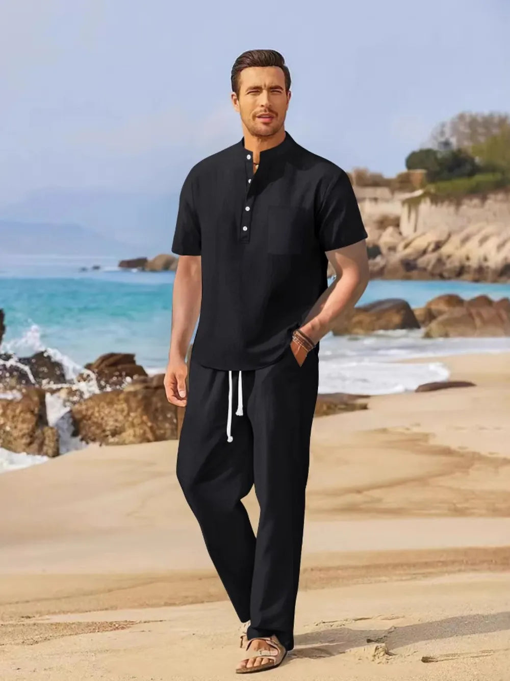 Men's black half-button top and drawstring pants set
