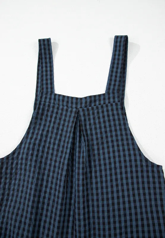 Dark blue plaid wide-strap overalls with gathered front bib